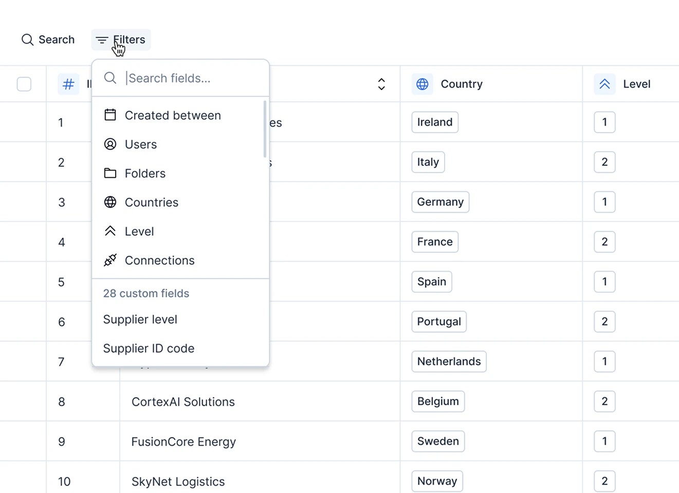 Search and filter panel