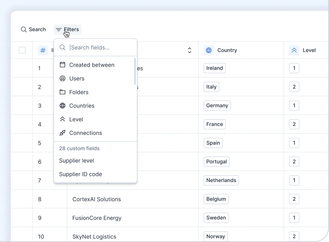 Search and filter panel