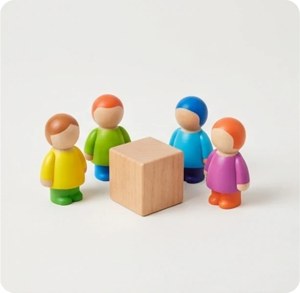 A team standing around a single block