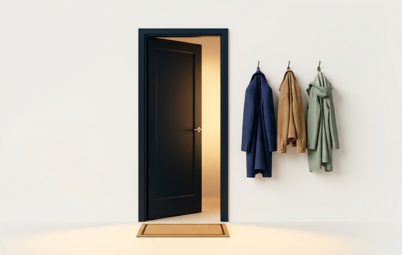 An open door with coats hanging beside it