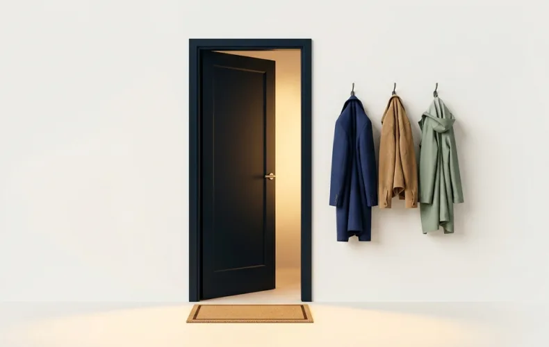An open door with coats hanging beside it
