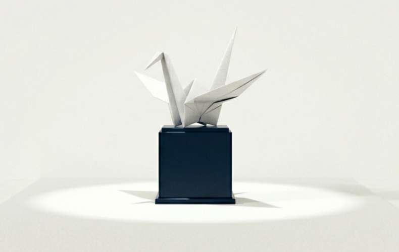 An origami crane on a pedestal