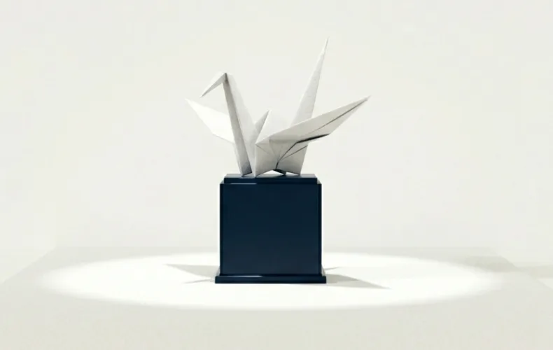 An origami crane on a pedestal
